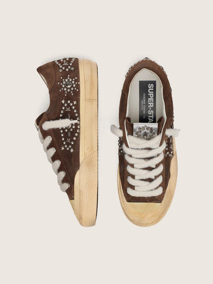 Golden Goose Womens Super-Star Penstar In Brown Suede With Studs Womens
