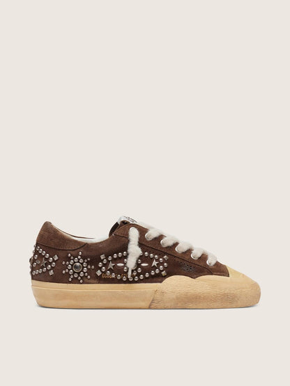 Golden Goose Womens Super-Star Penstar In Brown Suede With Studs Womens
