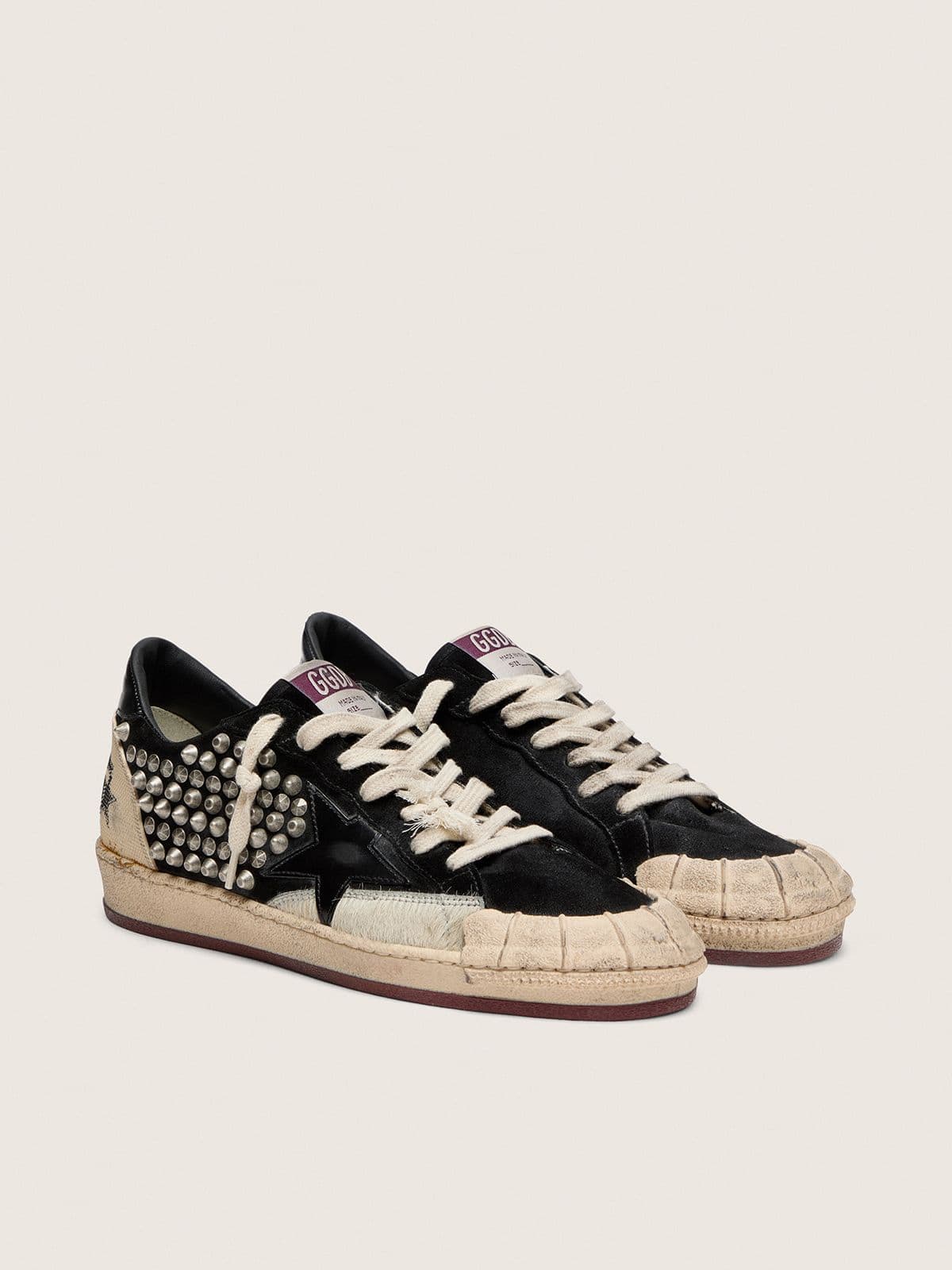 Golden Goose Womens Ball Star Lab In Black Suede With Studs And Glossy Black Leather Star Womens