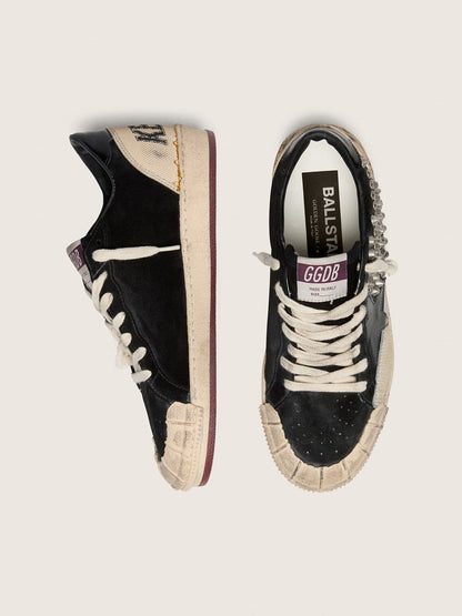 Golden Goose Womens Ball Star Lab In Black Suede With Studs And Glossy Black Leather Star Womens