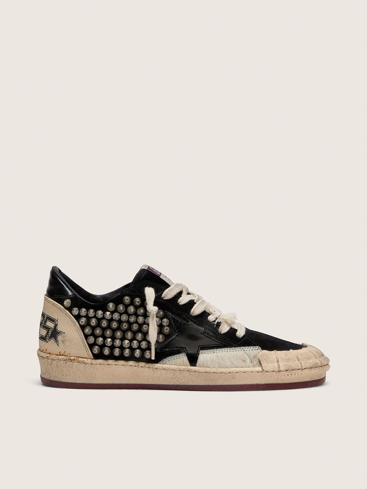 Golden Goose Womens Ball Star Lab In Black Suede With Studs And Glossy Black Leather Star Womens