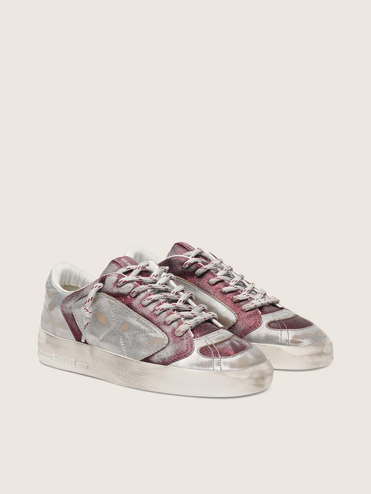 Golden Goose Womens Stardan Lab In Burgundy And Silver Leather And Glitter Womens