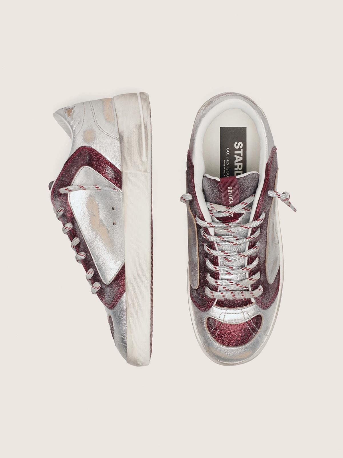 Golden Goose Womens Stardan Lab In Burgundy And Silver Leather And Glitter Womens