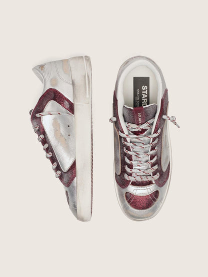 Golden Goose Womens Stardan Lab In Burgundy And Silver Leather And Glitter Womens