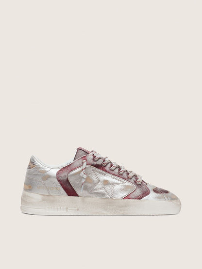 Golden Goose Womens Stardan Lab In Burgundy And Silver Leather And Glitter Womens