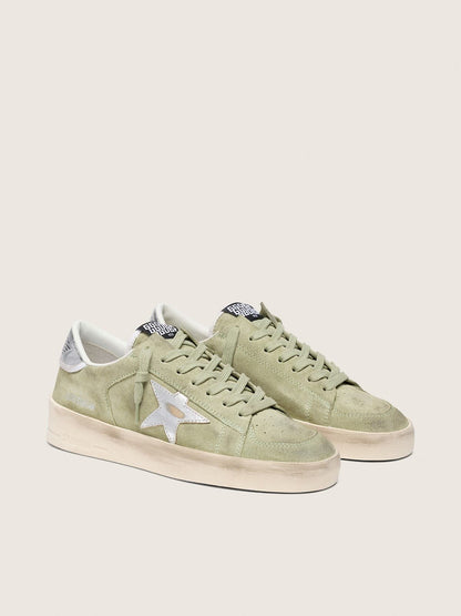 Golden Goose Womens Stardan In Sage-Green Suede With Metallic Silver Star Womens