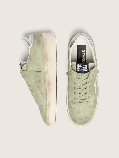 Golden Goose Womens Stardan In Sage-Green Suede With Metallic Silver Star Womens
