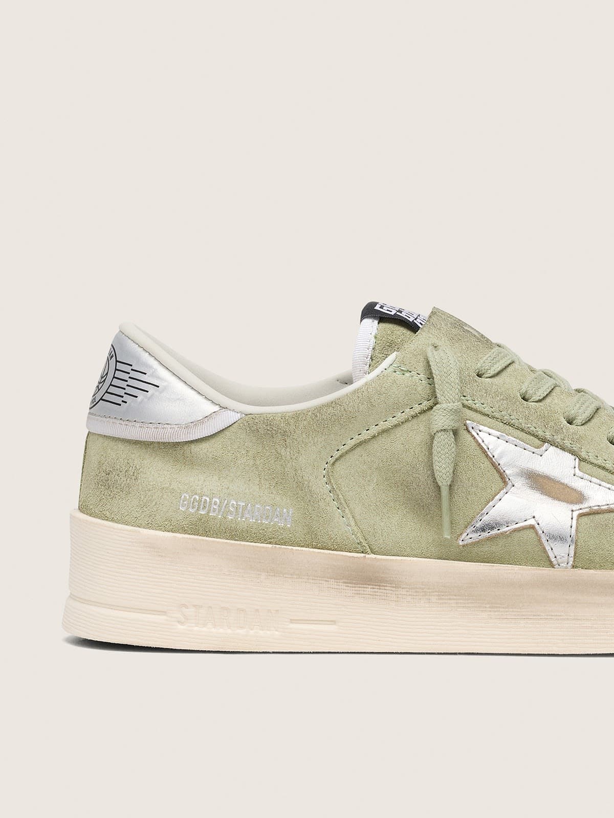 Golden Goose Womens Stardan In Sage-Green Suede With Metallic Silver Star Womens