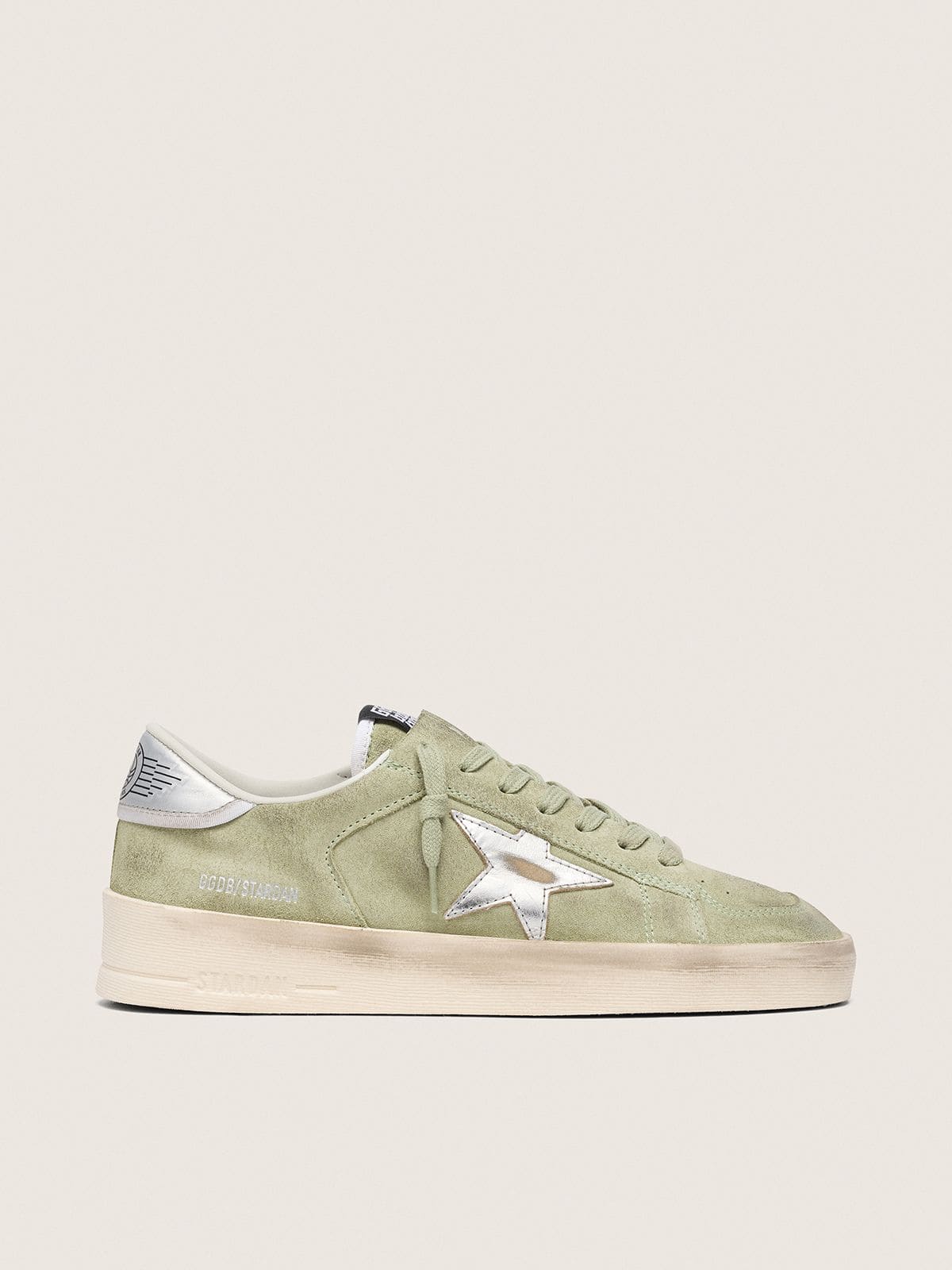 Golden Goose Womens Stardan In Sage-Green Suede With Metallic Silver Star Womens