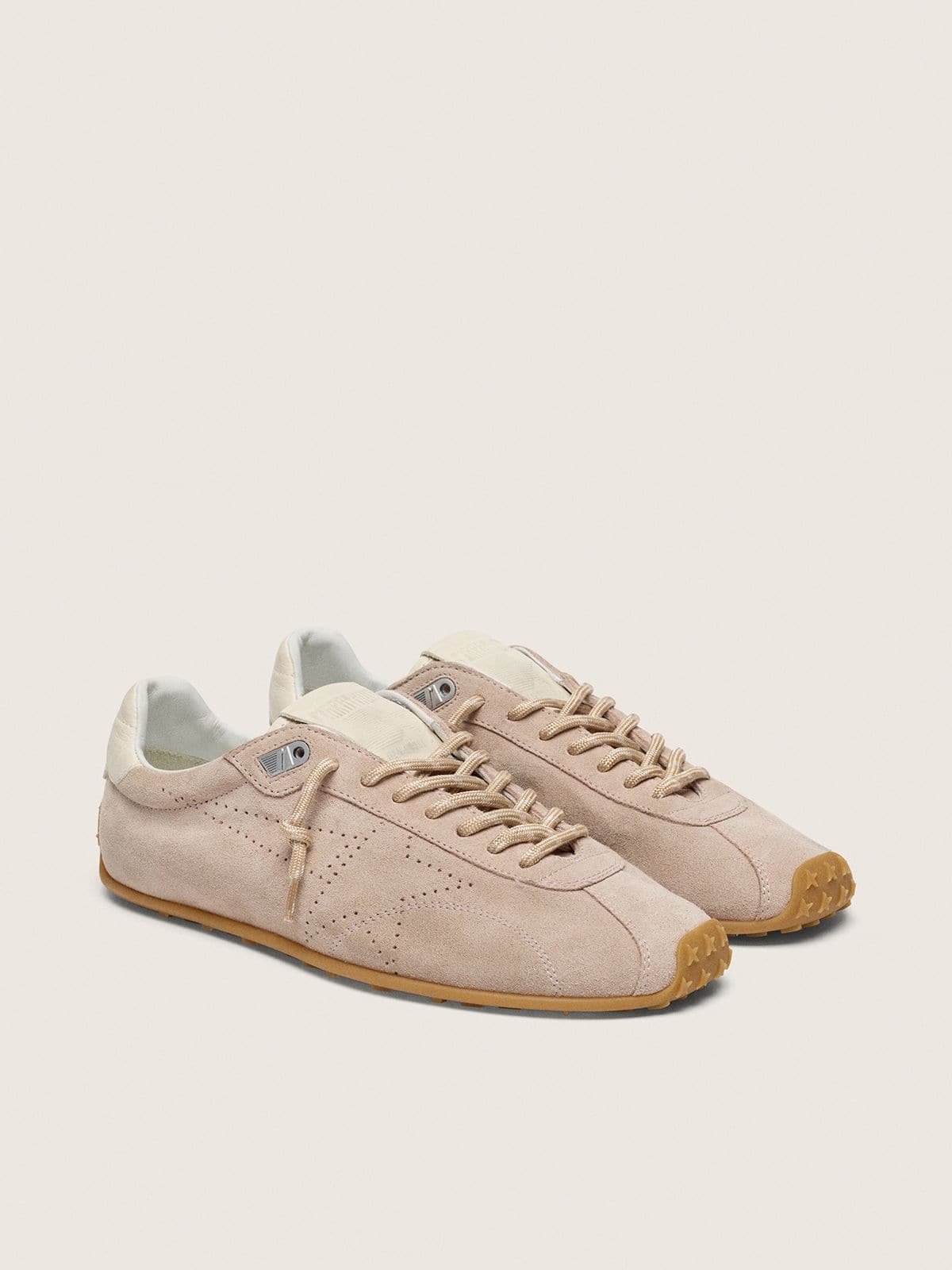 Golden Goose Womens Marathon Speed In Pink Suede With Perforated Star And White Leather Heel Tab Womens