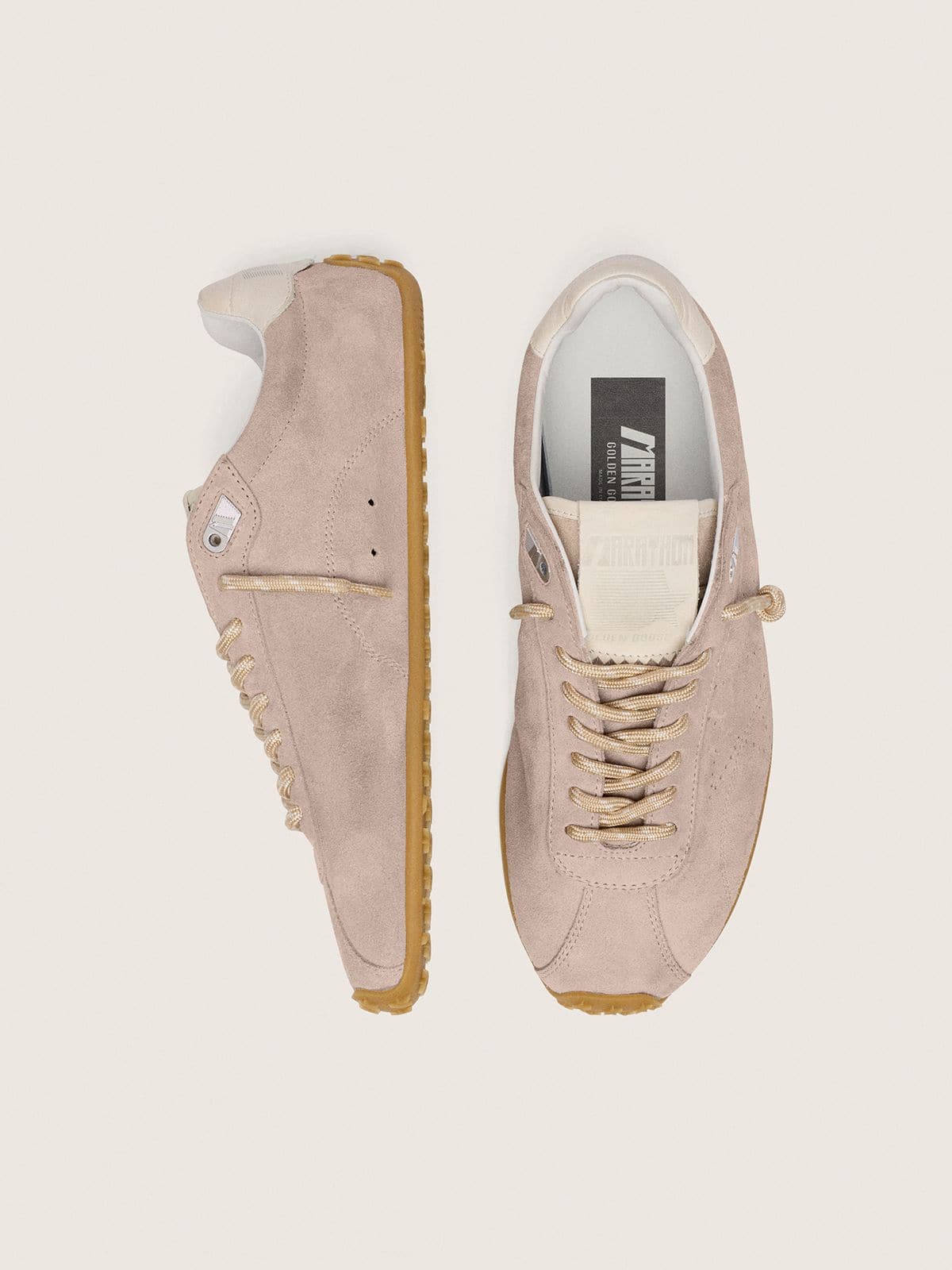 Golden Goose Womens Marathon Speed In Pink Suede With Perforated Star And White Leather Heel Tab Womens