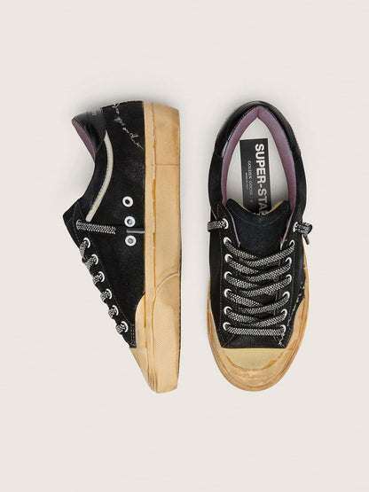 Golden Goose Womens Super-Star Lab In Black Laminated Suede And Nylon With Raised Star And Laces With Crystals Womens
