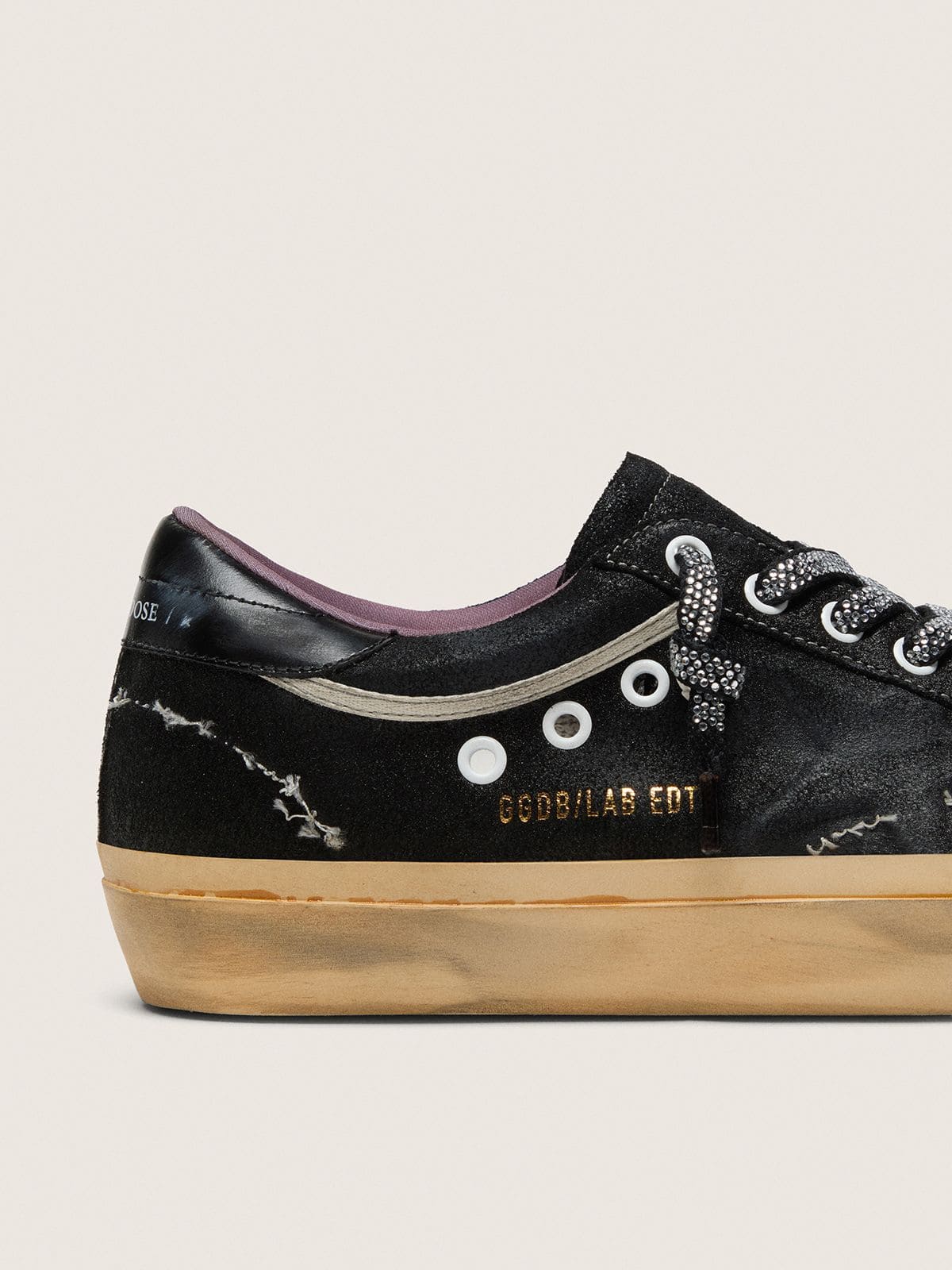 Golden Goose Womens Super-Star Lab In Black Laminated Suede And Nylon With Raised Star And Laces With Crystals Womens