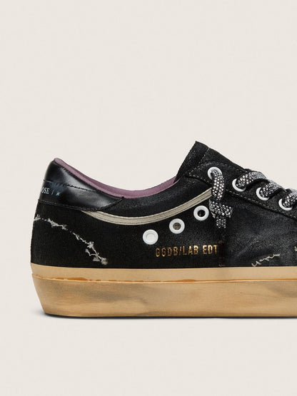 Golden Goose Womens Super-Star Lab In Black Laminated Suede And Nylon With Raised Star And Laces With Crystals Womens