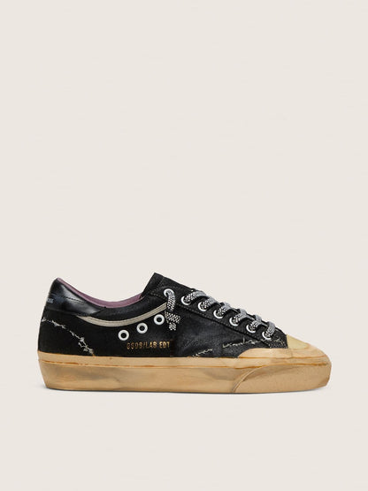 Golden Goose Womens Super-Star Lab In Black Laminated Suede And Nylon With Raised Star And Laces With Crystals Womens