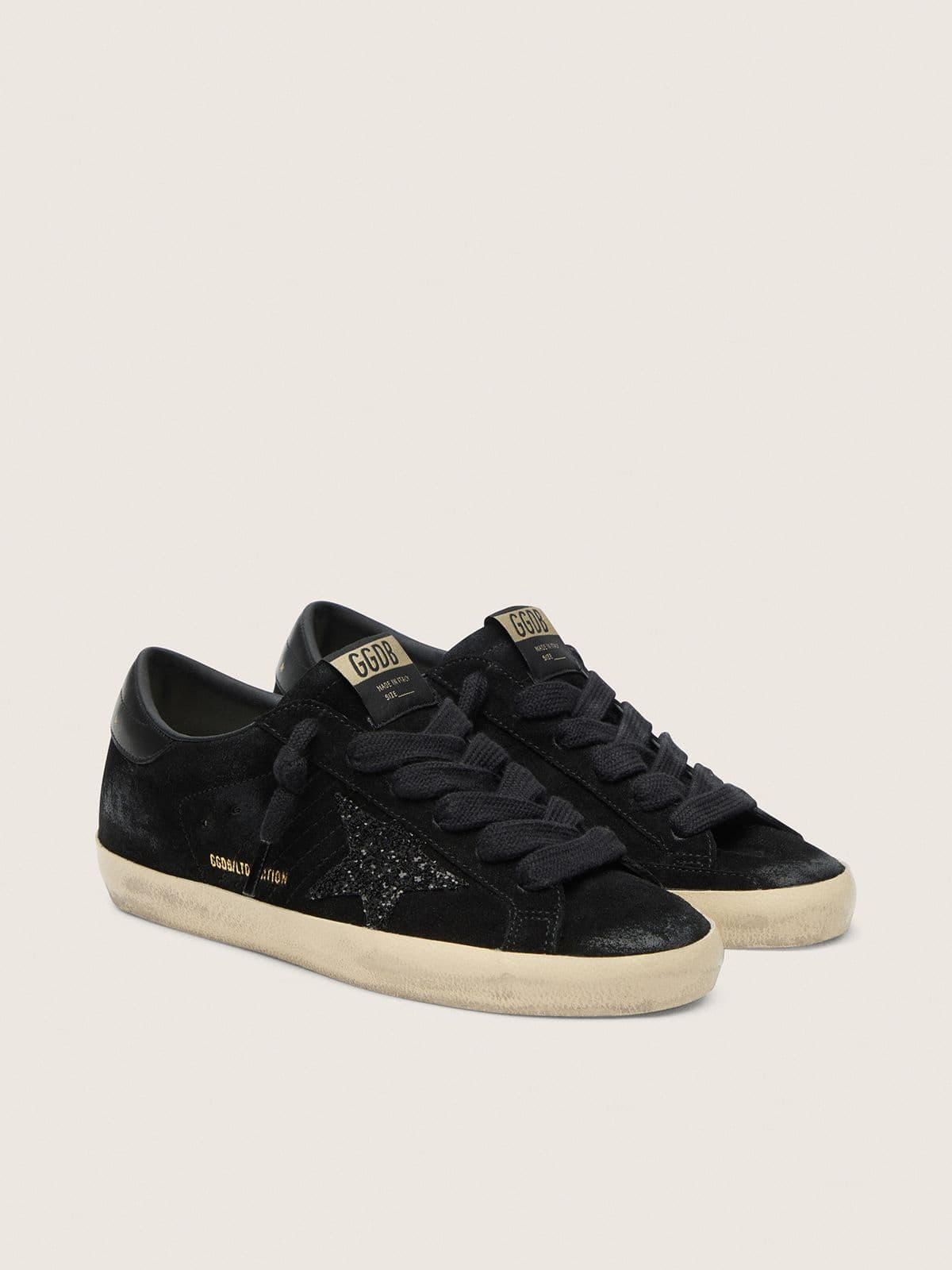 Golden Goose Womens Super-Star Ltd In Black Suede With Black Glitter Star And Black Leather Heel Tab Womens