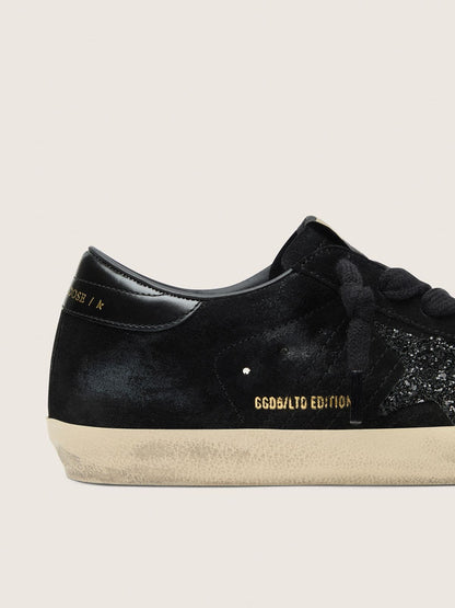 Golden Goose Womens Super-Star Ltd In Black Suede With Black Glitter Star And Black Leather Heel Tab Womens