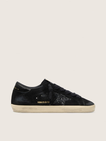 Golden Goose Womens Super-Star Ltd In Black Suede With Black Glitter Star And Black Leather Heel Tab Womens
