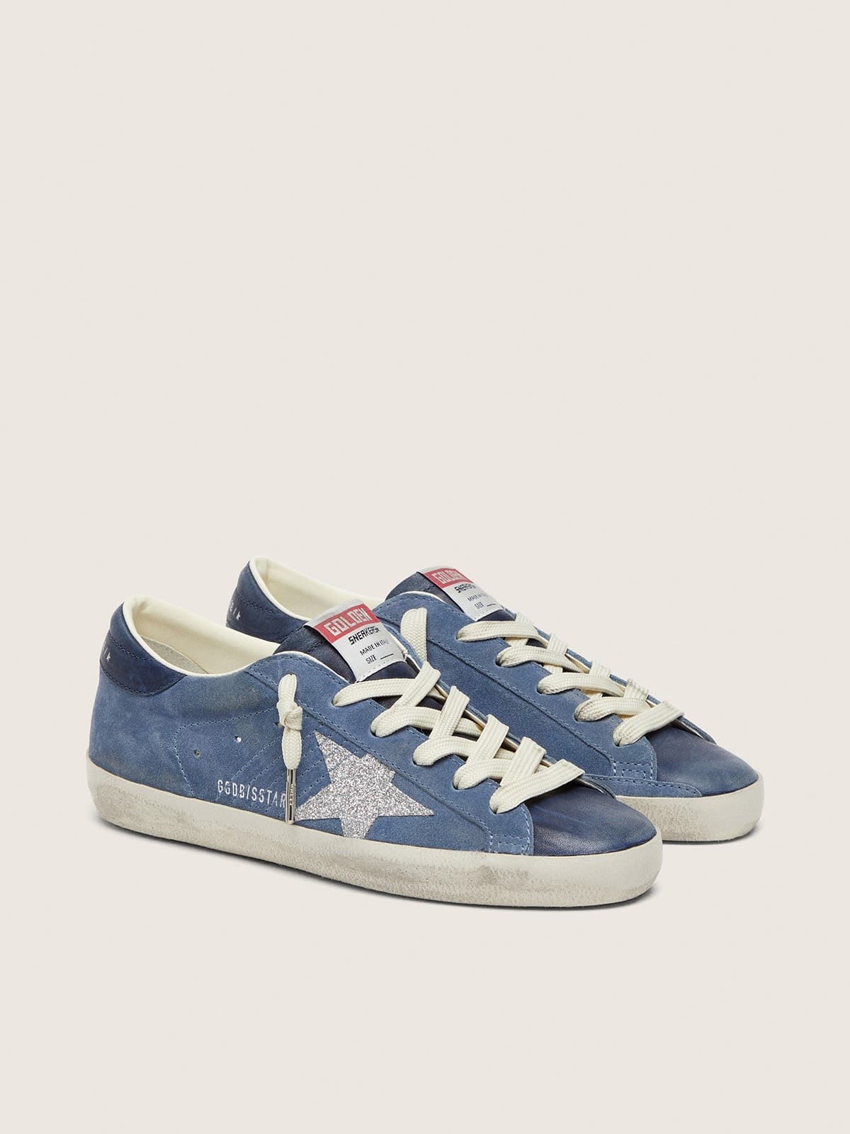 Golden Goose Womens Super-Star In Denim-Blue Suede With Silver Glitter Star Womens