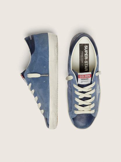 Golden Goose Womens Super-Star In Denim-Blue Suede With Silver Glitter Star Womens