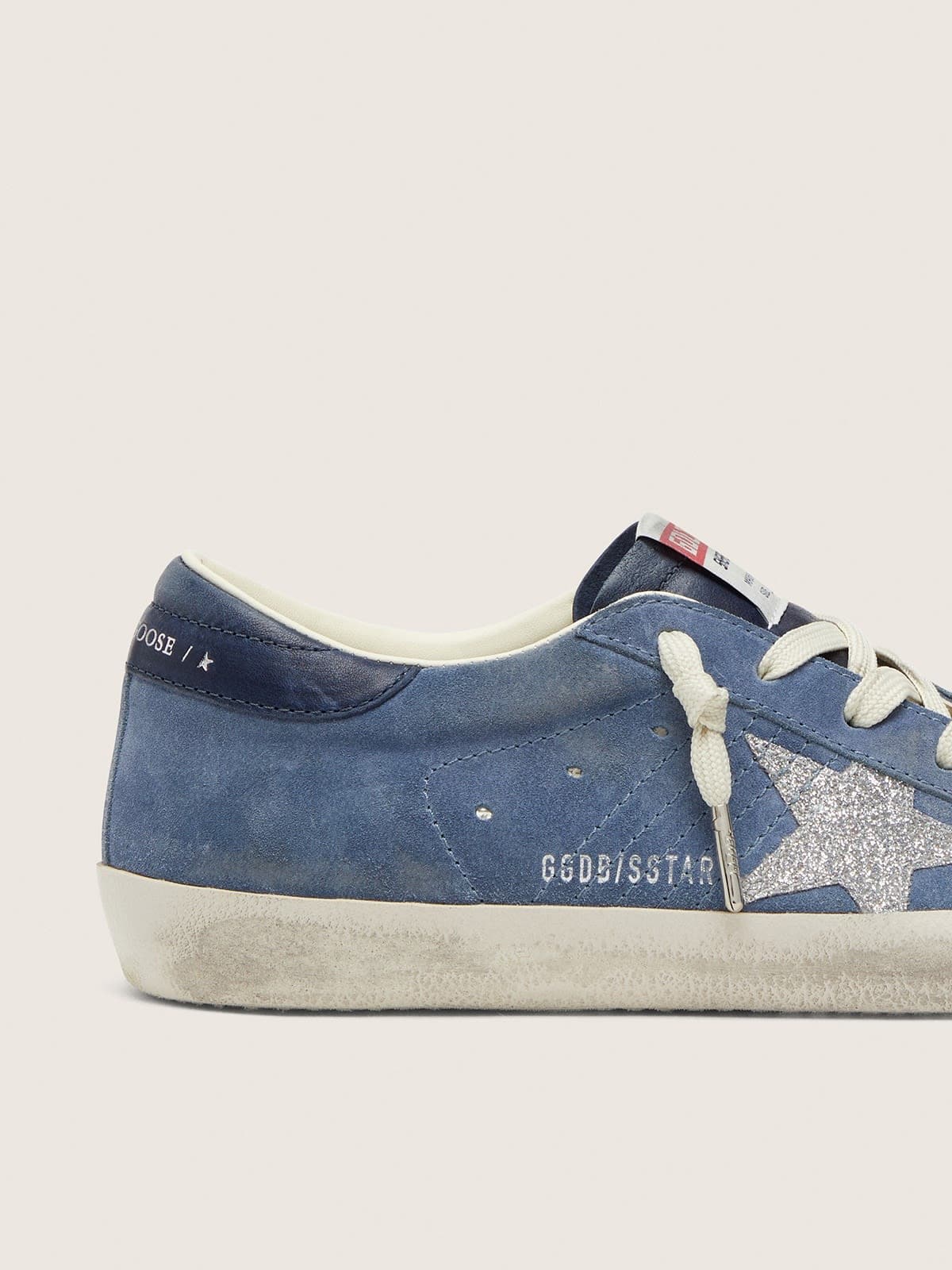 Golden Goose Womens Super-Star In Denim-Blue Suede With Silver Glitter Star Womens