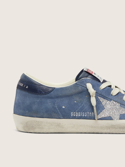 Golden Goose Womens Super-Star In Denim-Blue Suede With Silver Glitter Star Womens