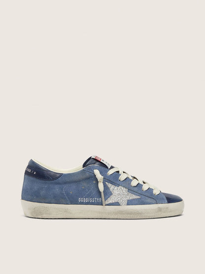Golden Goose Womens Super-Star In Denim-Blue Suede With Silver Glitter Star Womens