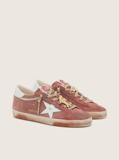 Golden Goose Womens Super-Star In Rust Suede With Metallic Platinum Leather Star Womens