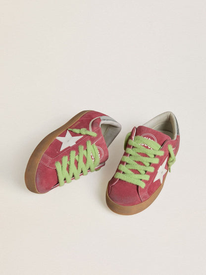 Golden Goose Womens Super-Star In Red Suede With White Leather Star And Silver Leather Heel Tab Womens