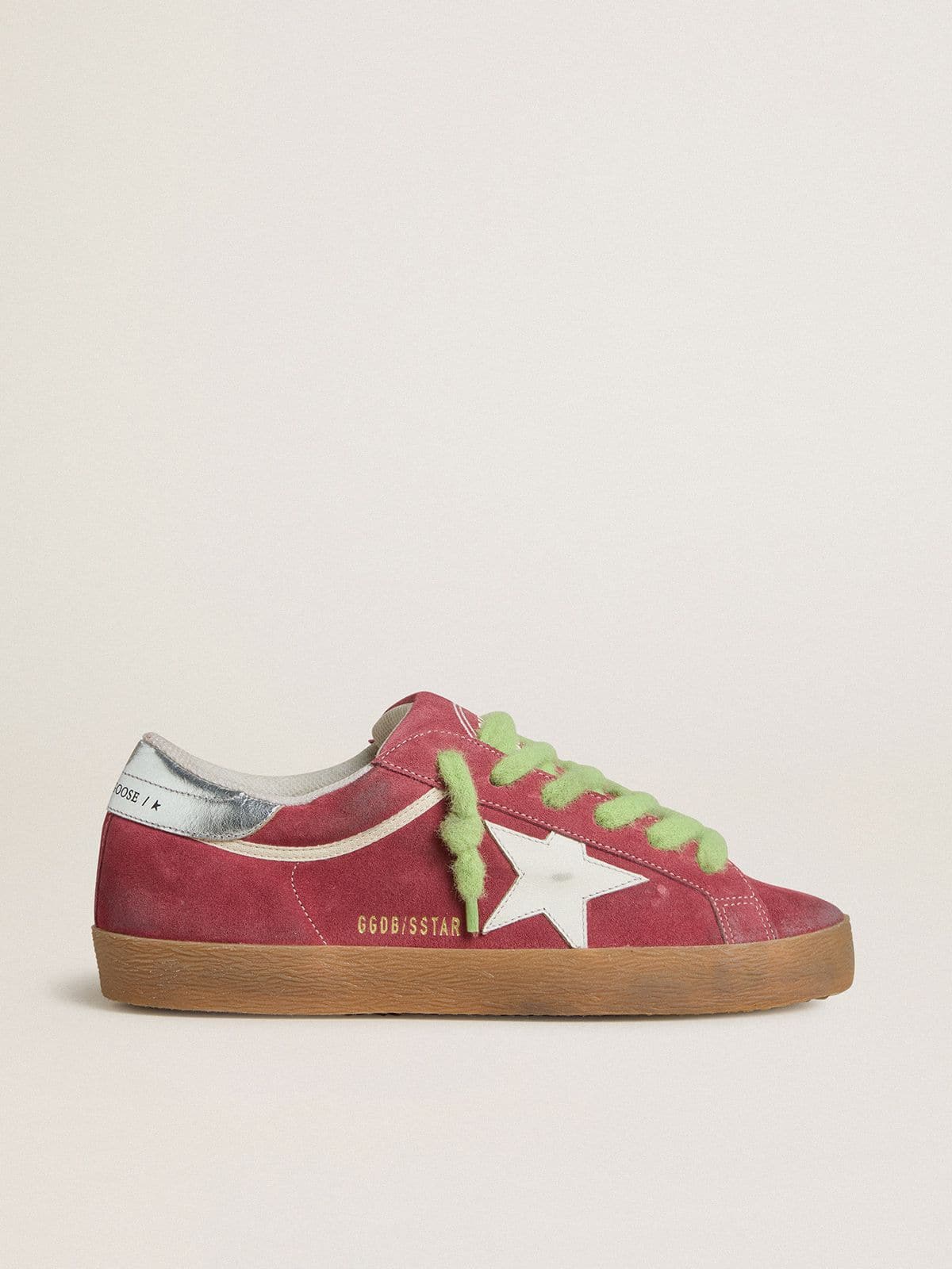 Golden Goose Womens Super-Star In Red Suede With White Leather Star And Silver Leather Heel Tab Womens