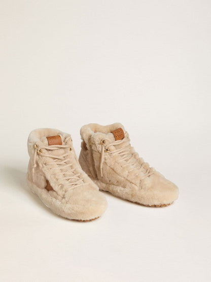 Golden Goose Womens Francy In Beige Shearling With Brown Leather Star Womens