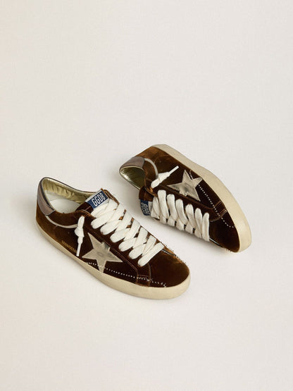 Golden Goose Womens Super-Star In Cognac Velvet With Metallic Leather Star And Heel Tab Womens
