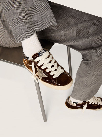 Golden Goose Womens Super-Star In Cognac Velvet With Metallic Leather Star And Heel Tab Womens