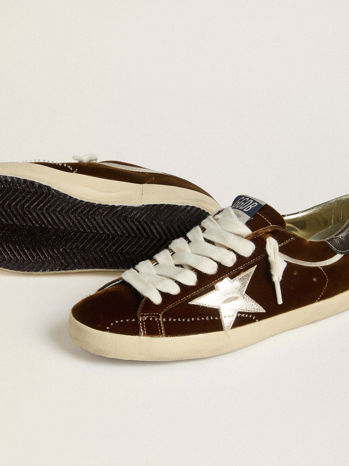 Golden Goose Womens Super-Star In Cognac Velvet With Metallic Leather Star And Heel Tab Womens