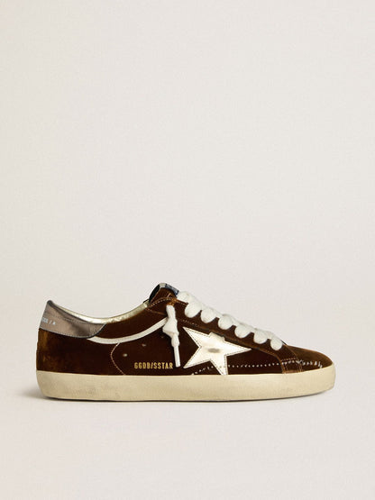Golden Goose Womens Super-Star In Cognac Velvet With Metallic Leather Star And Heel Tab Womens
