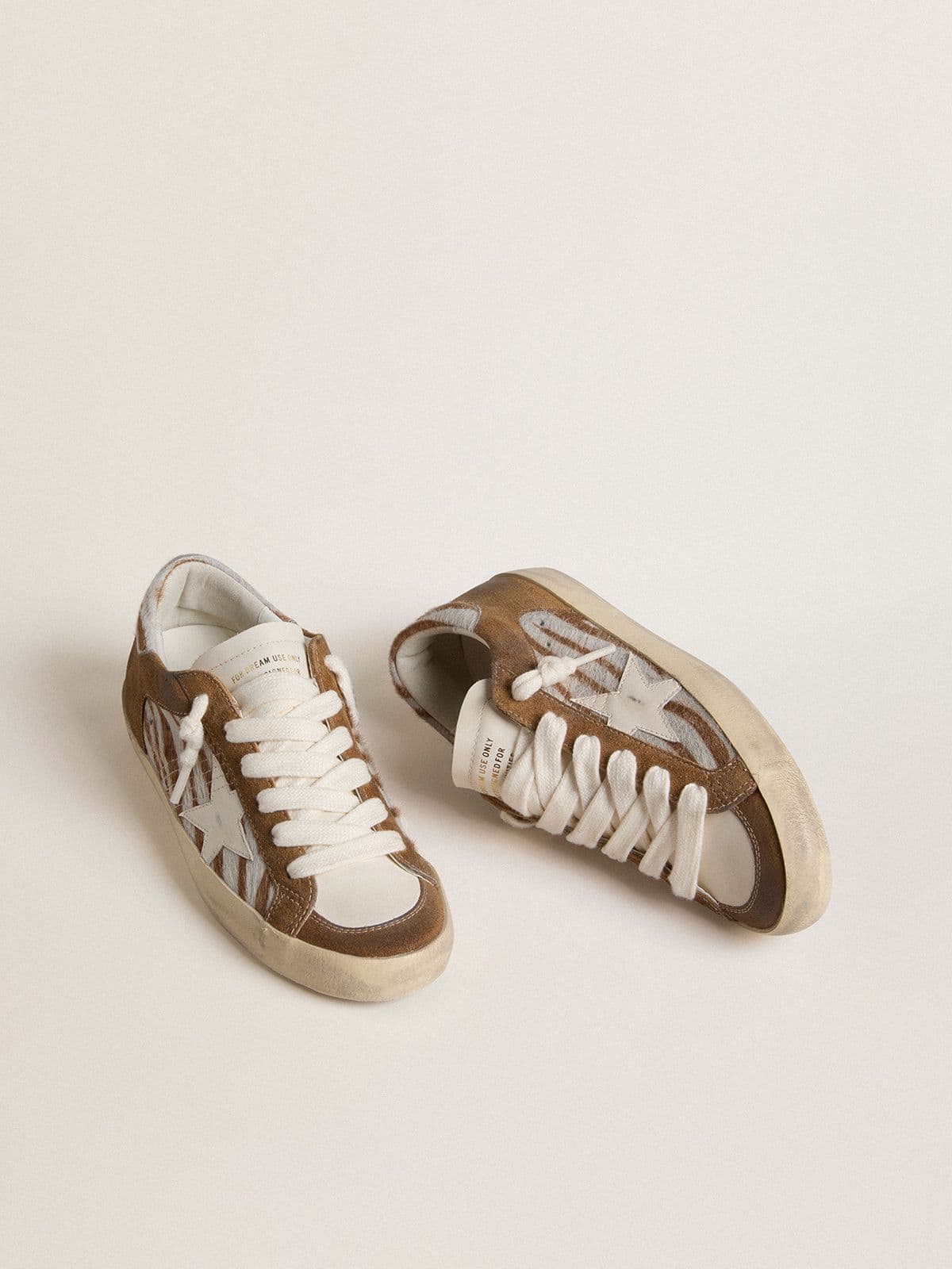 Golden Goose Womens Super-Star In Zebra-Print Pony Skin With Leather Star And Brown Suede Inserts Womens