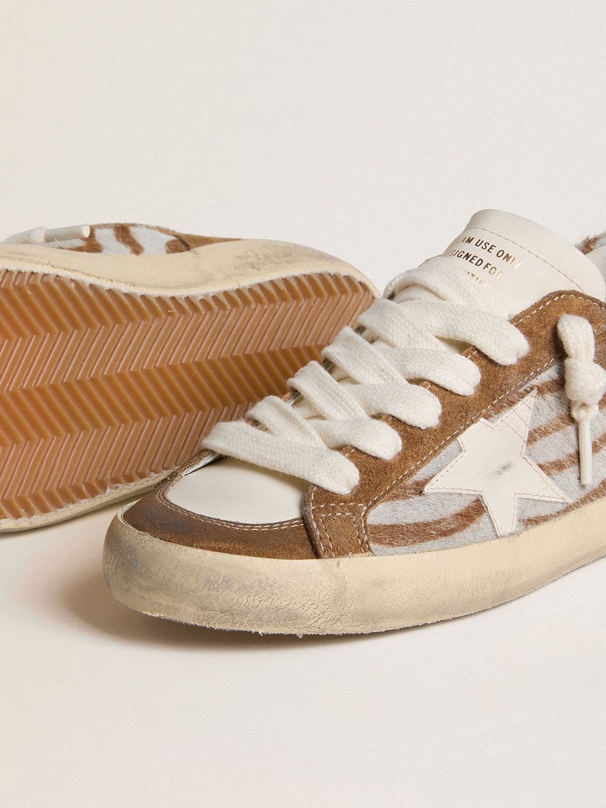 Golden Goose Womens Super-Star In Zebra-Print Pony Skin With Leather Star And Brown Suede Inserts Womens