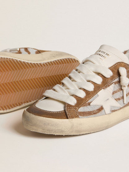 Golden Goose Womens Super-Star In Zebra-Print Pony Skin With Leather Star And Brown Suede Inserts Womens