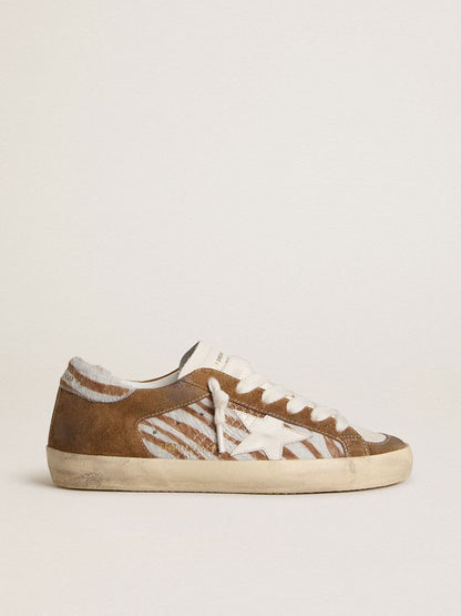 Golden Goose Womens Super-Star In Zebra-Print Pony Skin With Leather Star And Brown Suede Inserts Womens