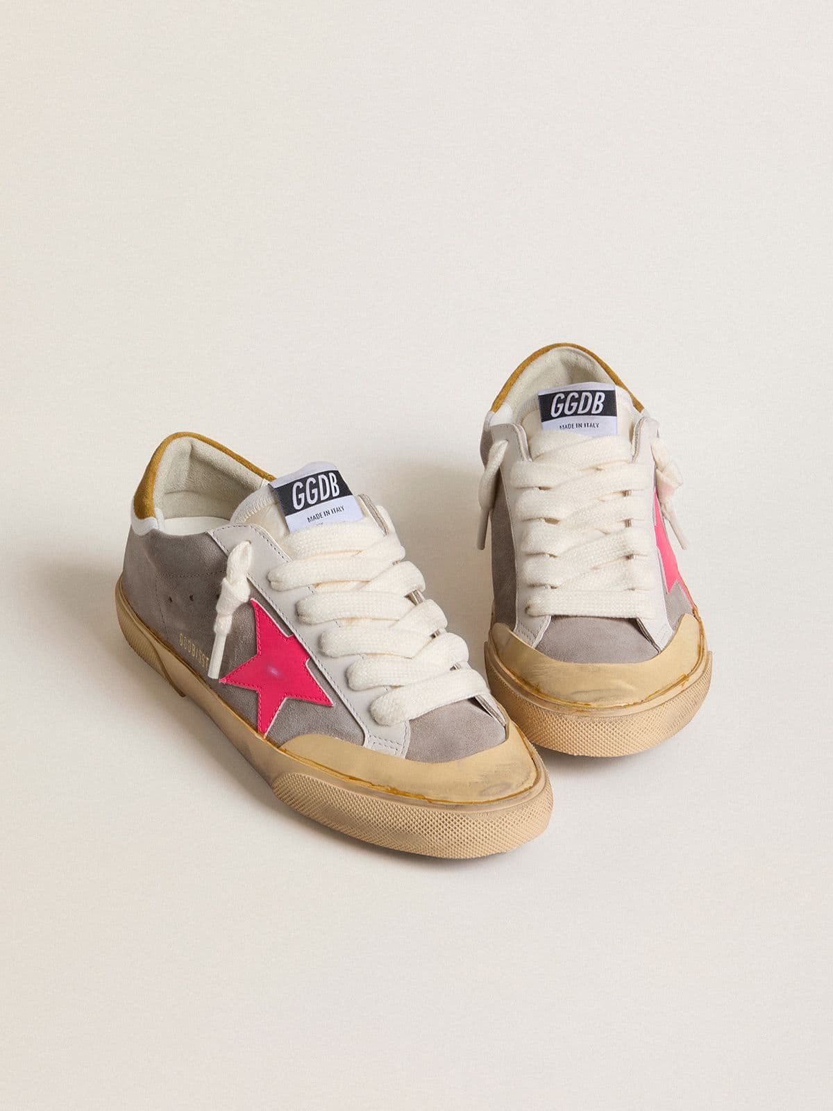 Golden Goose Womens Super-Star In Dove-Gray Suede With Fuchsia Leather Star And Ocher Suede Heel Tab Womens