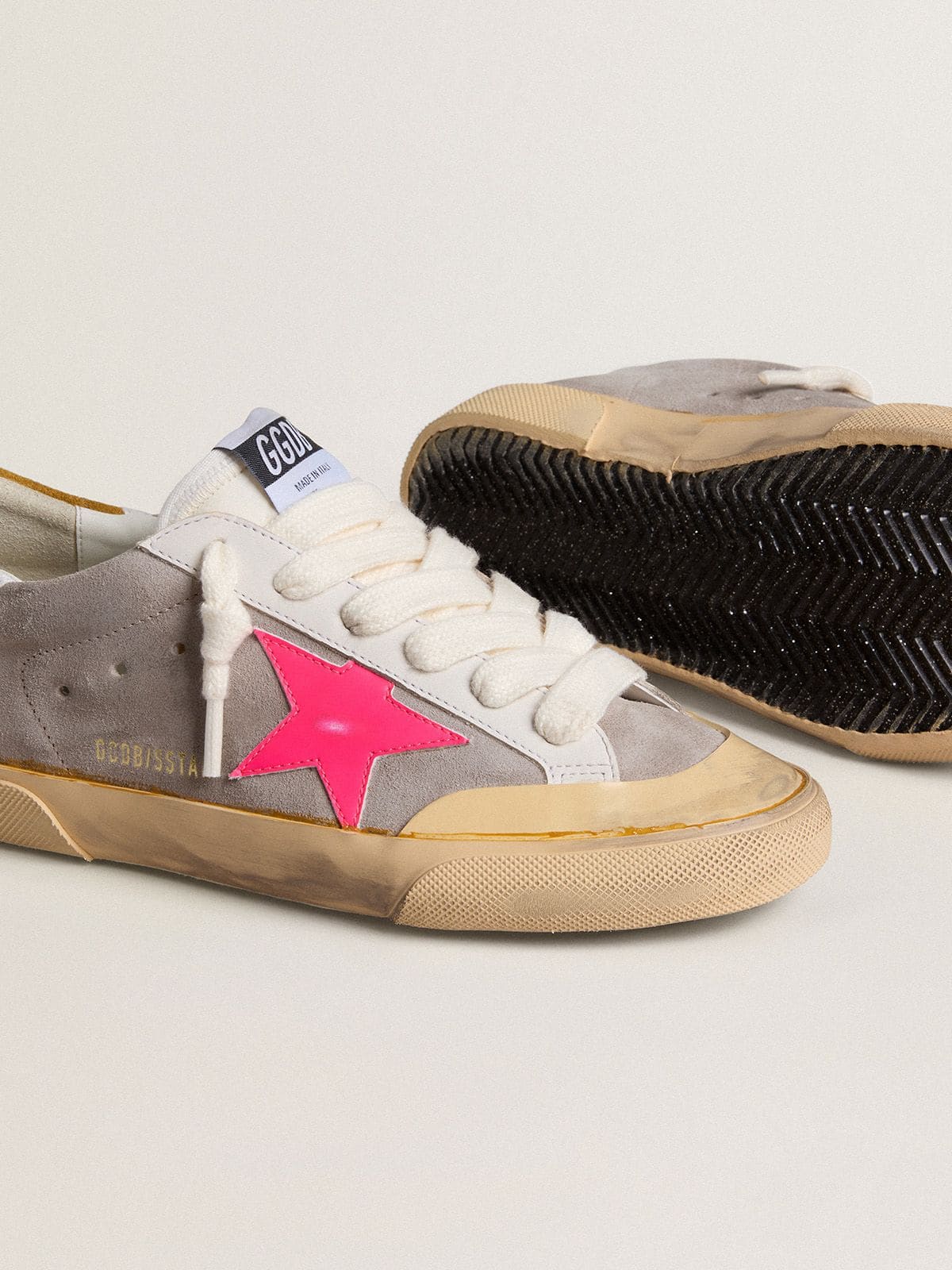 Golden Goose Womens Super-Star In Dove-Gray Suede With Fuchsia Leather Star And Ocher Suede Heel Tab Womens