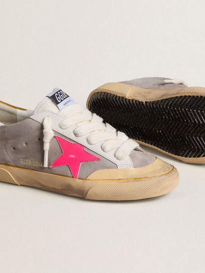 Golden Goose Womens Super-Star In Dove-Gray Suede With Fuchsia Leather Star And Ocher Suede Heel Tab Womens