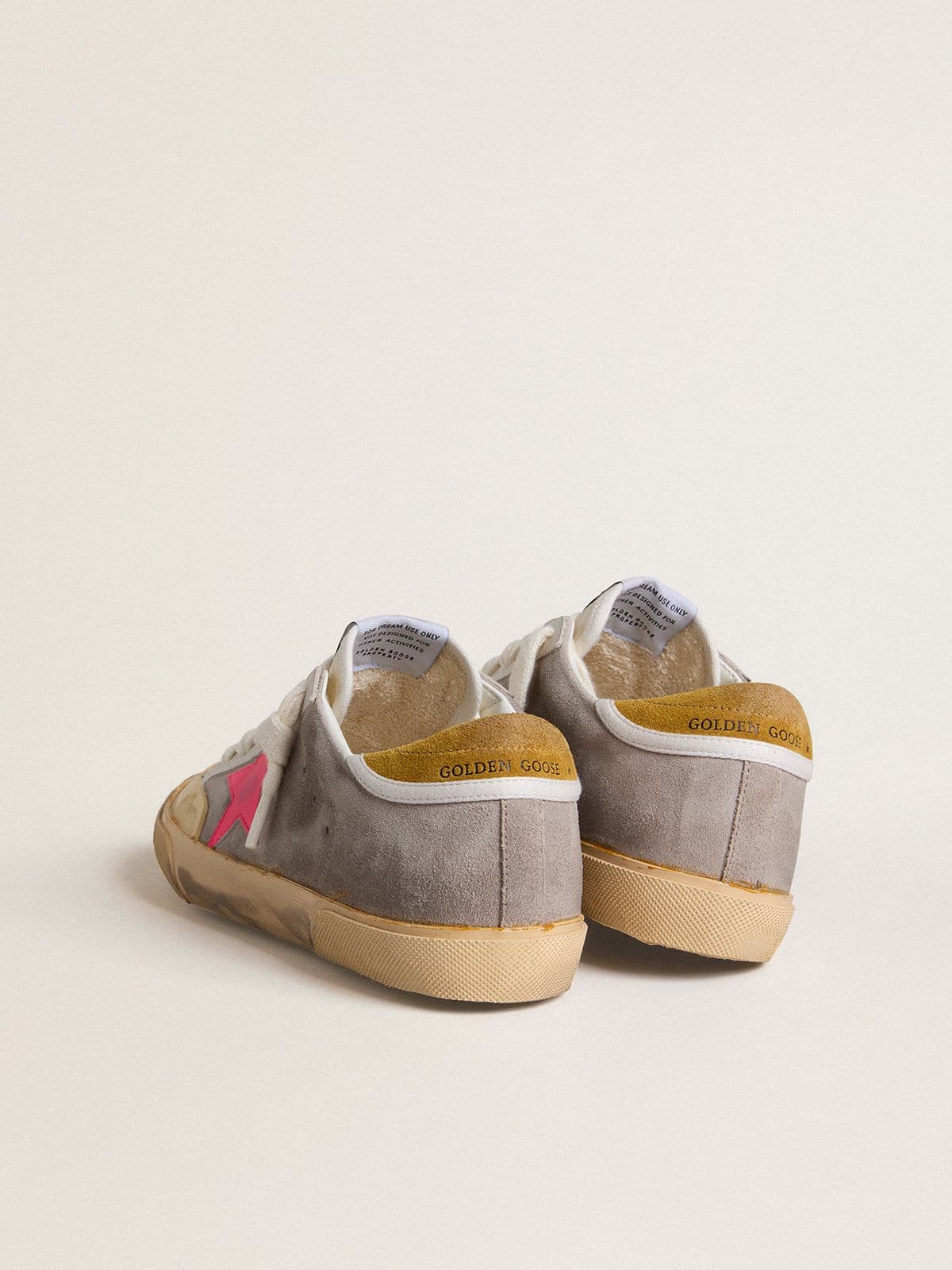 Golden Goose Womens Super-Star In Dove-Gray Suede With Fuchsia Leather Star And Ocher Suede Heel Tab Womens
