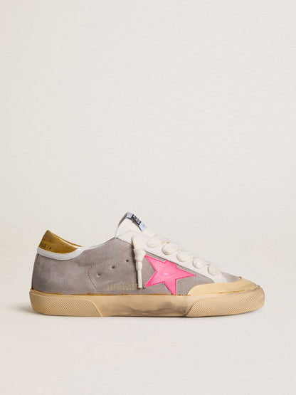 Golden Goose Womens Super-Star In Dove-Gray Suede With Fuchsia Leather Star And Ocher Suede Heel Tab Womens