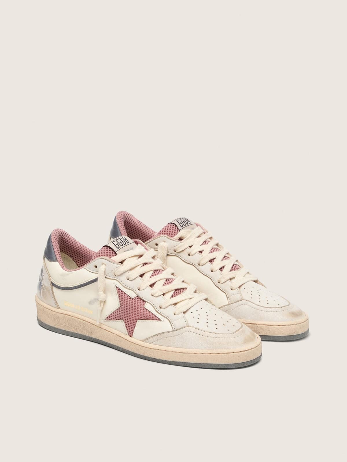 Golden Goose Womens Ball Star Ltd In Beige Leather With Pink Mesh Star And Blue Leather Heel Tab Womens