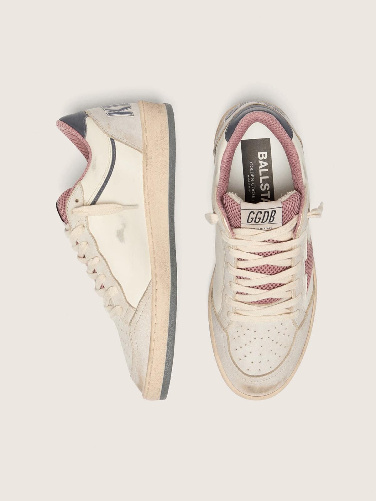 Golden Goose Womens Ball Star Ltd In Beige Leather With Pink Mesh Star And Blue Leather Heel Tab Womens