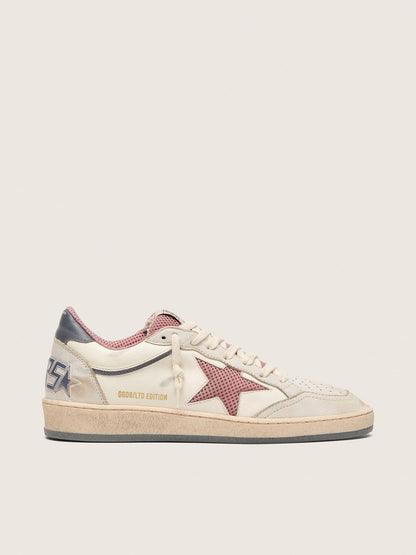 Golden Goose Womens Ball Star Ltd In Beige Leather With Pink Mesh Star And Blue Leather Heel Tab Womens