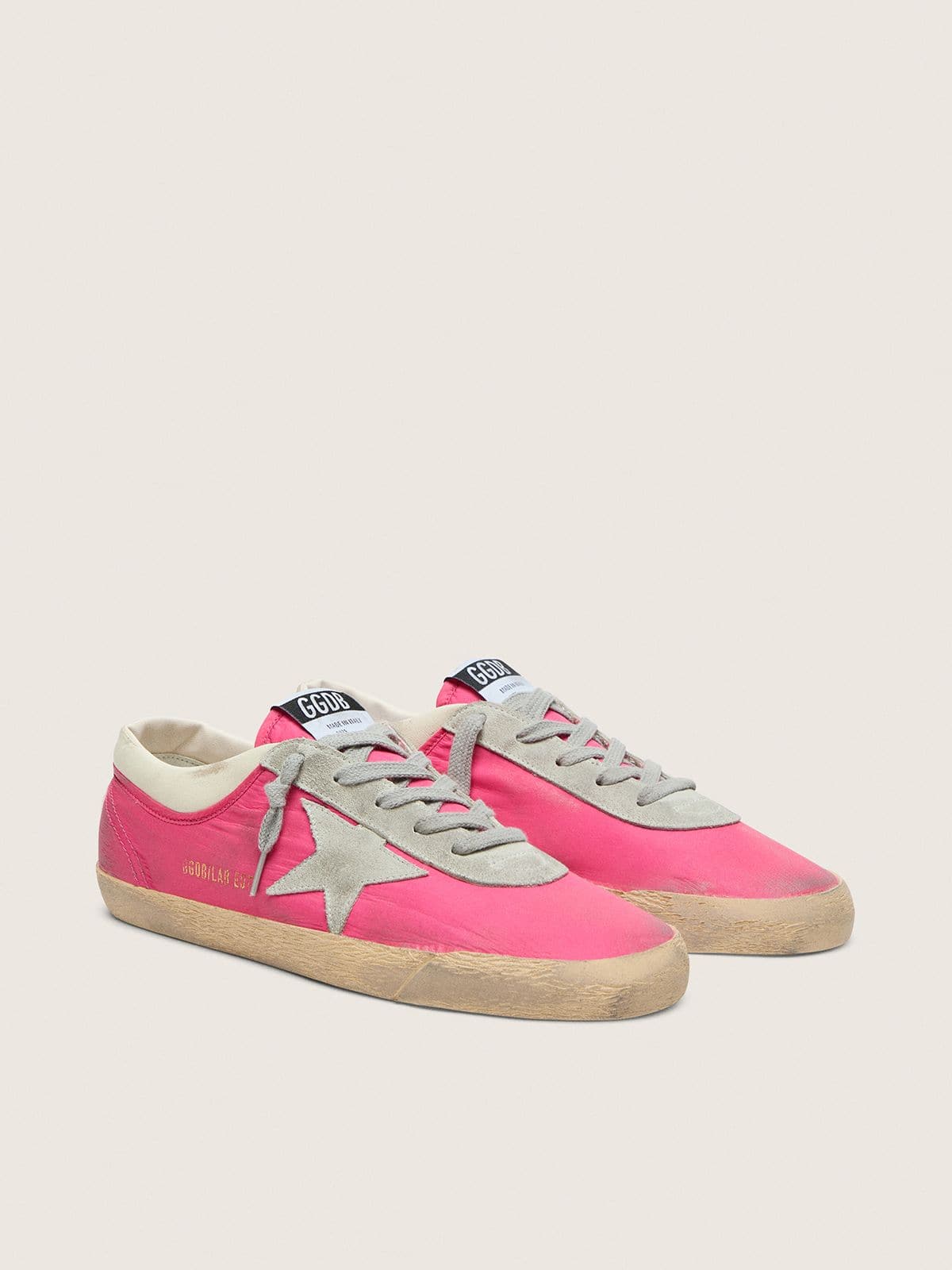 Golden Goose Womens Super-Star In Neon Pink Nylon With Light Gray Suede Star Womens