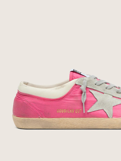 Golden Goose Womens Super-Star In Neon Pink Nylon With Light Gray Suede Star Womens