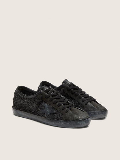 Golden Goose Womens Super-Star Ltd In Perforated Black Suede With Black Star And Crystals Womens